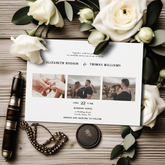 Invitation Pays Ouest Noir Blanc Formal Photos Mariage (country western black white wedding invitation vintage 3 photos frame formal elegant modern ranch)