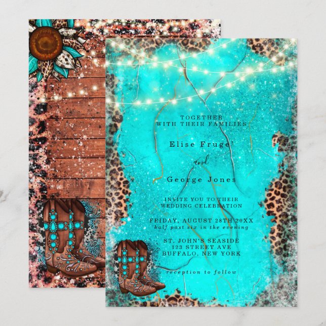 Invitation Pays Ouest Turquoise Boots Mariage (Devant / Derrière)