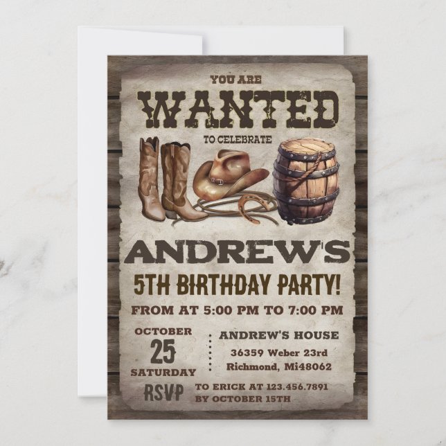 Invitation Pays personnel Western Vintage Cowboy Anniversaire (Devant)