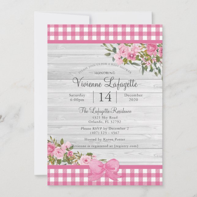 Invitation Pays rose En vichy Baby shower Floral (Devant)