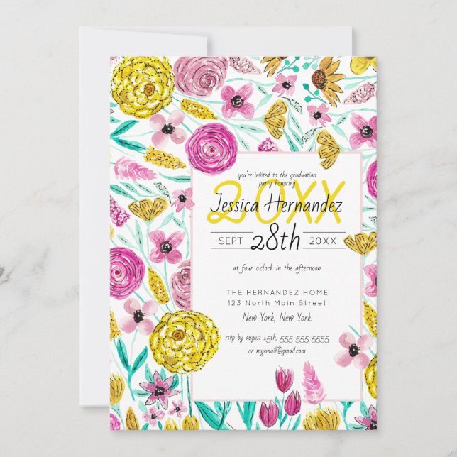 Invitation Pays Rose Jaune Aquarelle Florale Graduation (Devant)