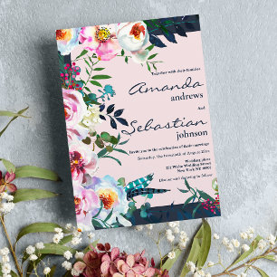 Invitation Pays rose turquoise lilas Aquarelle mariage floral