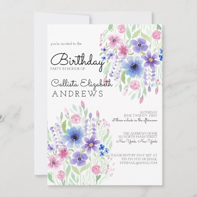 Invitation Pays Rose violet de l'aquarelle florale Anniversai (Devant)