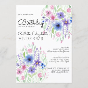 Invitation Pays Rose violet de l'aquarelle florale Anniversai