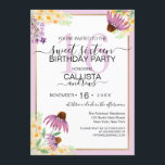 Invitation Pays Rose violet jaune Fleurs sauvages doux 16<br><div class="desc">Cette invitation pour fêtes d'anniversaire en sweet sixteen de campagne est parfaite pour l'été et le printemps. Il présente des fleurs sauvages d'aquarelle jaune, moutarde, rose baies, violet et vert fougère et peint à la main autour d'un cadre de bordure rose pâle et d'un simple arrière - plan blanc. C'est...</div>