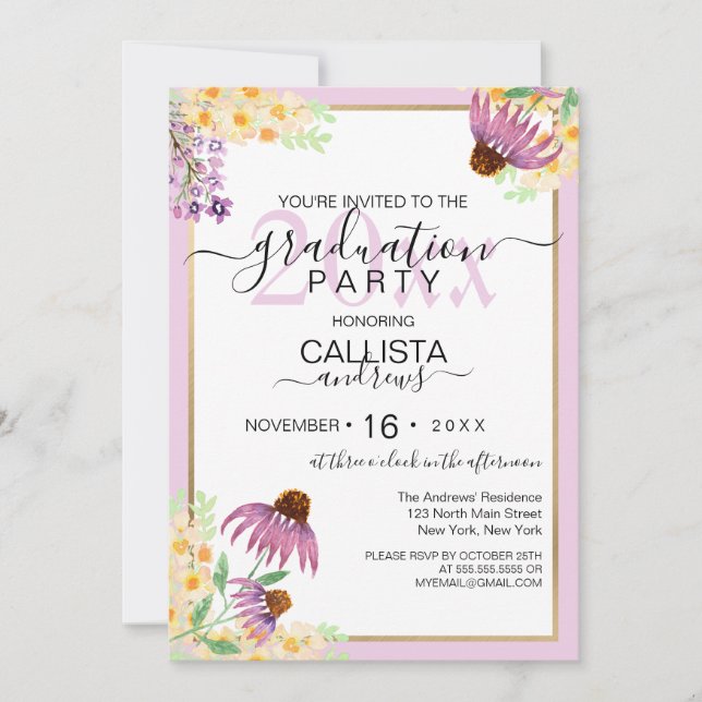 Invitation Pays Rose violet jaune Fleurs sauvages Graduation (Devant)