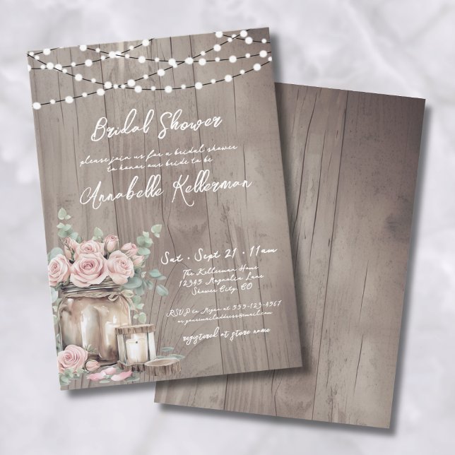 Invitation Pays Roses Roses Roses Roses Roses Rustiques Fête  (Country Blush Pink Roses Rustic Wood Bridal Shower Invitation)
