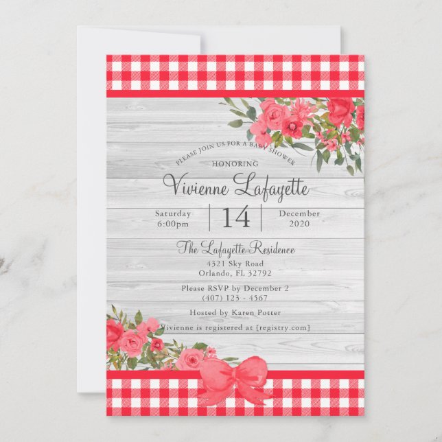 Invitation Pays Rouge En vichy Baby shower Floral (Devant)