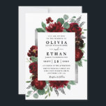 Invitation Pays Rouge et Argent Bourgogne Rose Mariage d'hive<br><div class="desc">Le design présente des pivoines aquarelles et des éléments floraux roses dans les tons rouge et bordeaux sur la végétation botanique d'eucalyptus. Le modèle est également doté d'un coffret imprimé en argent ou en gris pour une mise en page élégante. La typographie affiche une disposition moderne avec du texte noir....</div>