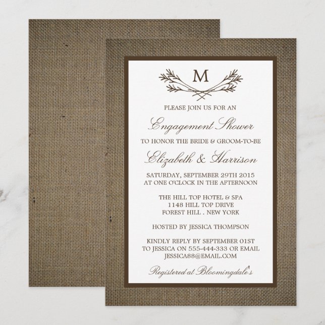 Invitation Pays Russe Monogram Branche Fiançailles Burlap (Devant / Derrière)