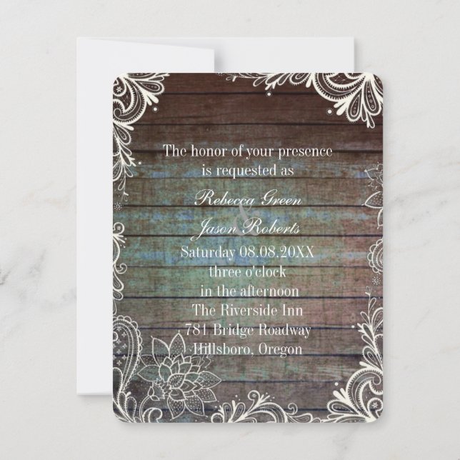 Invitation pays rustique bleu grange dentelle en bois (Dos)