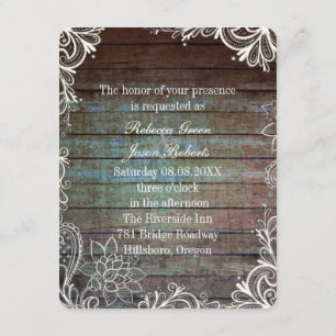 Invitation pays rustique bleu grange dentelle en bois