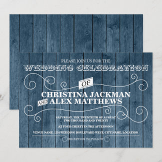 Invitation Pays Rustique Blue Wood Vintage Mariage