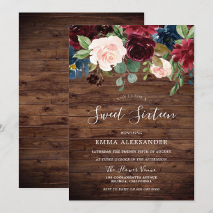 Invitation Pays rustique Bourgogne Rouge Floral Sweet 16