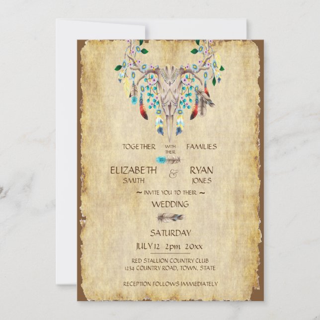 Invitation Pays rustique, Crâne de cerf, Plumes, Mariage (Devant)