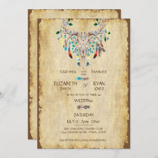 Invitation Pays rustique, Crâne de cerf, Plumes, Mariage