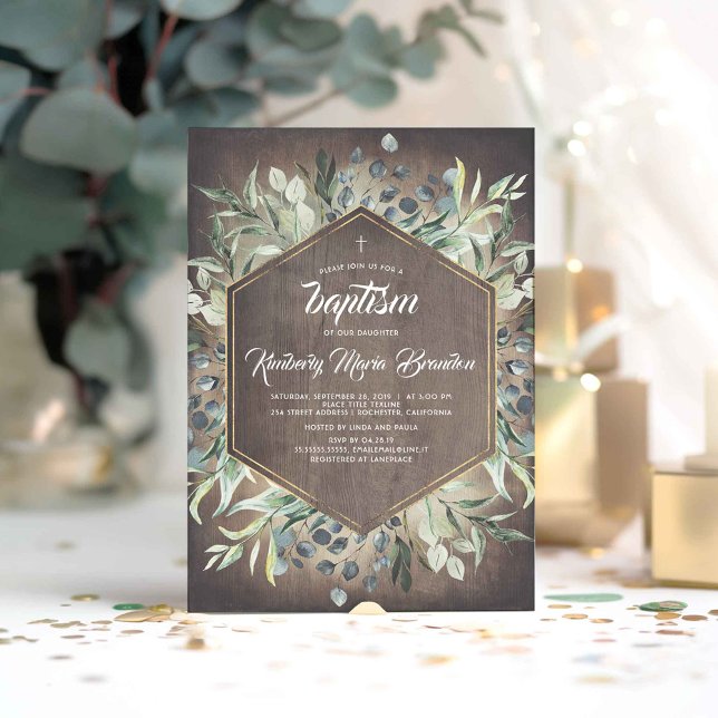 Invitation Pays rustique | Jardin naturel vert Baptême (Greenery Rustic Barn Wood Baptism Invitations)