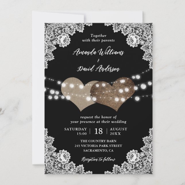 Invitation Pays rustique Noir Mariage romantique (Devant)