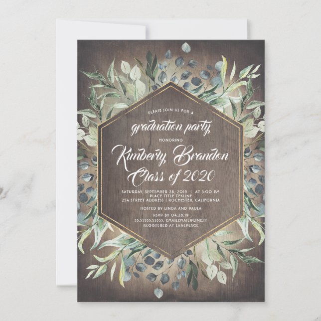 Invitation Pays rustique | Verdure Gold Frame Graduation (Devant)