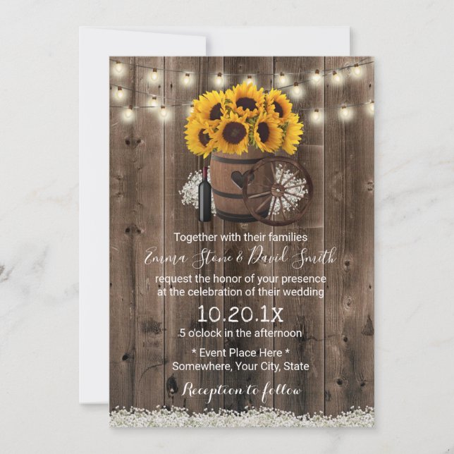 Invitation Pays Tournesol Bois Baril Mariage rustique (Devant)