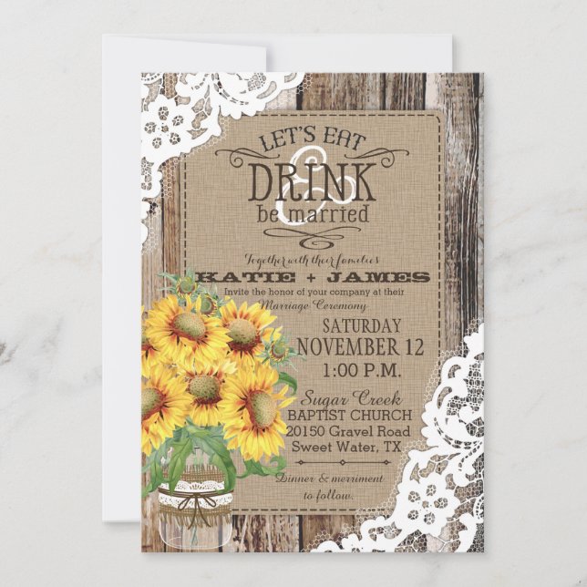 Invitation Pays Tournesol Dentelle en bois Mariage rustique (Devant)