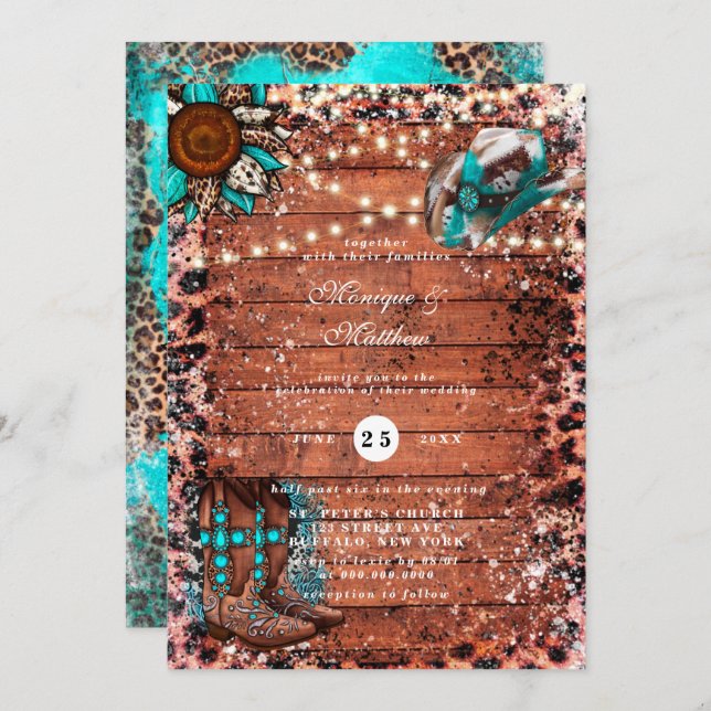 Invitation Pays Turquoise Lights Mariage Boots bois (Devant / Derrière)