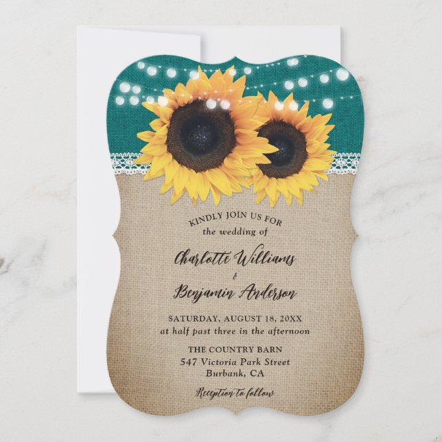 Invitation Pays Turquoise Tournesol Burlap Mariage dentelle (Devant)