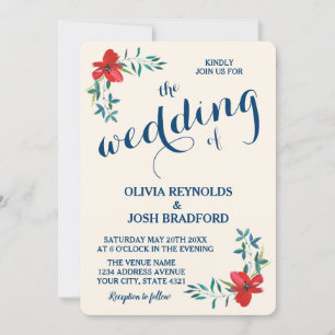 Invitation Pays Vintage Floral Aquarelle Marine Mariage rouge