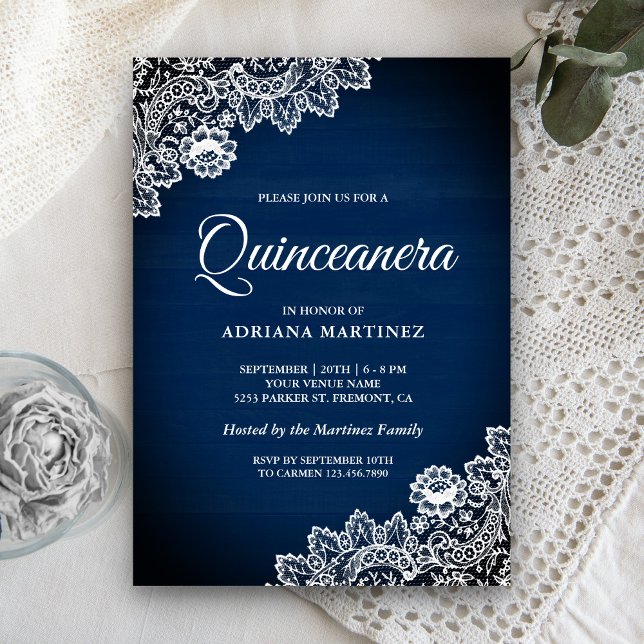 Invitation Pays vintage Marine Blue Wood Lace Quinceanera (Créateur téléchargé)