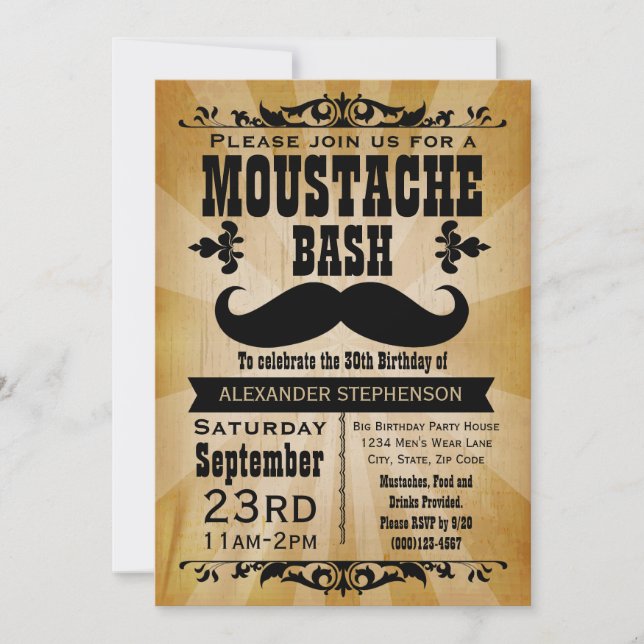 Invitation Pays Vintage Mustache Bash fête d'anniversaire (Devant)