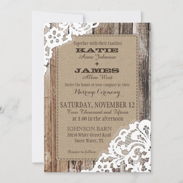 Invitation Pays Western Dentelle de bois Mariage rustique (Devant)