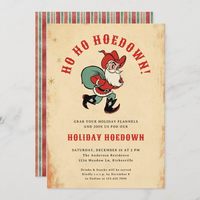Invitation Pays Western Hodown Noël Père Noël Holiday (Devant / Derrière)