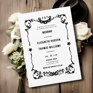 Invitation Pays Western Stars noir blanc Mariage officiel