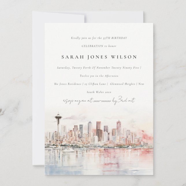 Invitation Paysage à l'aquarelle de Seattle, Washington pour  (Devant)
