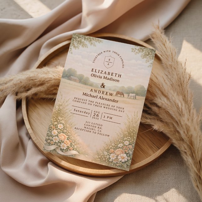 Invitation Paysage champêtre aux pastels doux pour mariage (Créateur téléchargé)