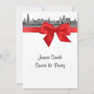Invitation Paysage de Chicago Gravé BW Red Sweet Sixteen