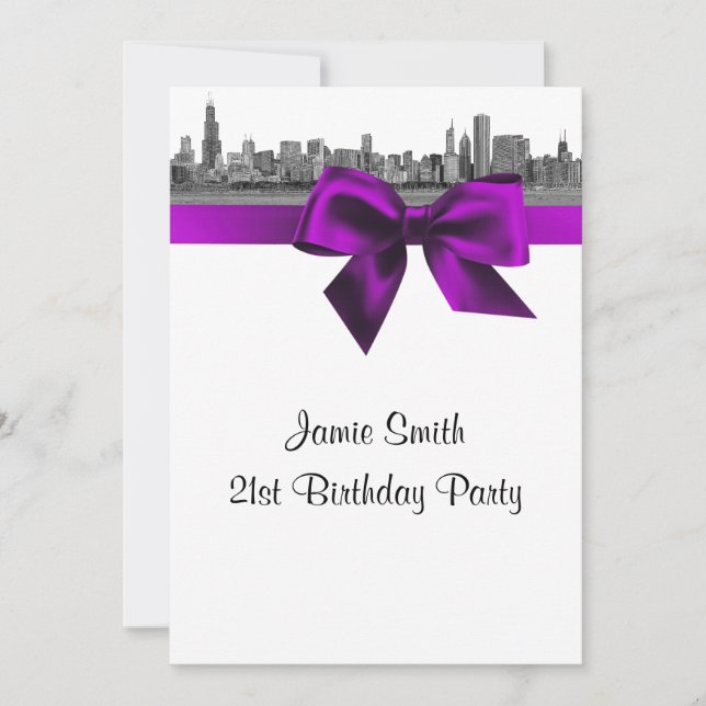 Invitation Paysage de Chicago Gravé BW Violet Fête d'annivers (Devant)