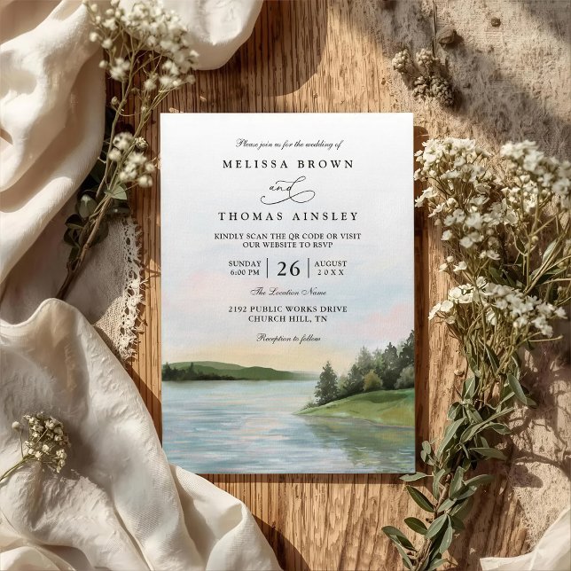 Invitation Paysage de lac de forêt rustique Mariage code QR (Créateur téléchargé)