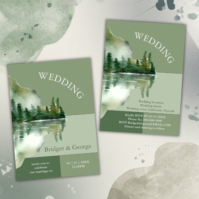 Invitation Paysage de lac de forêt vert sauge mariage (Créateur téléchargé)