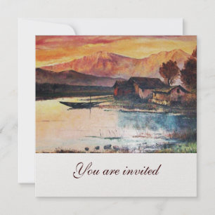 INVITATION PAYSAGE DE LAC DE MONTAGNES ROSES AU COUCHER DE SO