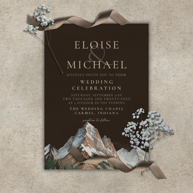 Invitation Paysage de montagne enneigée rustique aquarelle ma (Rustic Snowy Mountain Landscape Watercolor Wedding Invitation)
