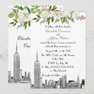 Invitation Paysage de NYC à l'aquarelle blanche florale Maria
