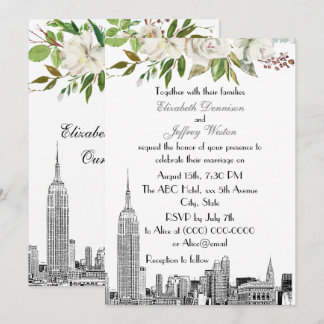 Invitation Paysage de NYC à l'aquarelle blanche florale Maria