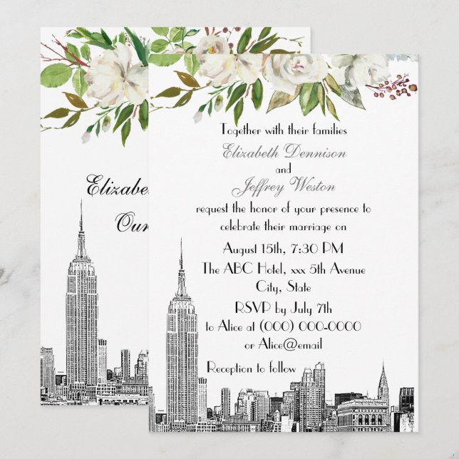Invitation Paysage de NYC à l'aquarelle blanche florale Maria (Devant / Derrière)
