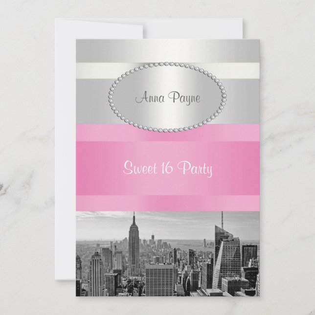 Invitation Paysage de NYC BW 05 Blanc, Rose Fête Douce 16 Par (Devant)