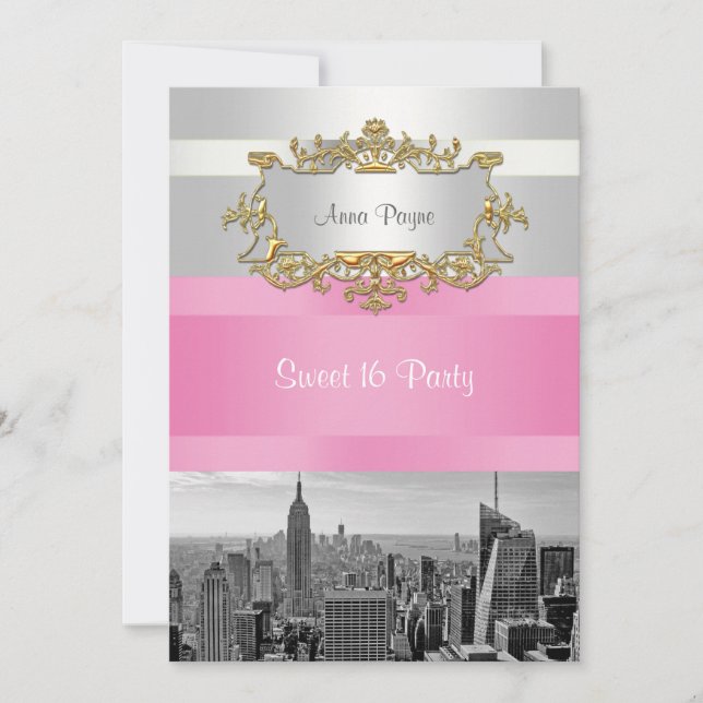 Invitation Paysage de NYC BW 05 Blanc, Rose Fête Douce 16 Par (Devant)