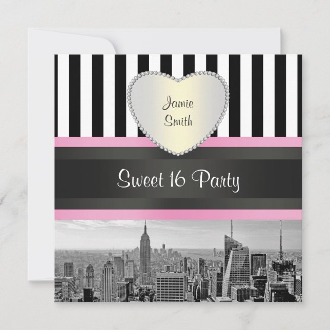 Invitation Paysage de NYC en noir et blanc avec rayures roses (Devant)