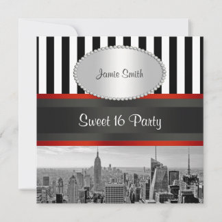 Invitation Paysage de NYC en noir et blanc rayé pour une fête