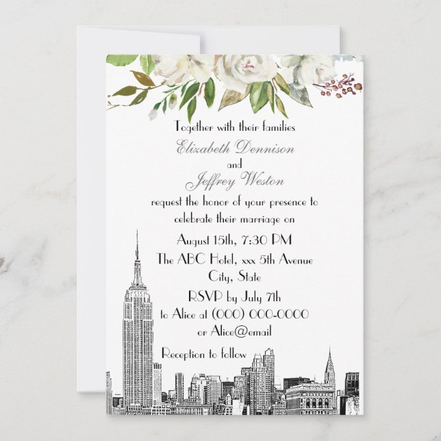 Invitation Paysage de NYC ESB Fleurs Aquarelle Mariage #2 (Devant)