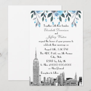 Invitation Paysage de NYC ESB Gravure Bleu Gris Floral Mariag
